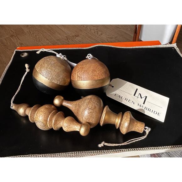 NEW Set of 4 Painted Wooden Ball & Finial Ornaments by Lauren McBride Black/Gold - Picture 3 of 12
